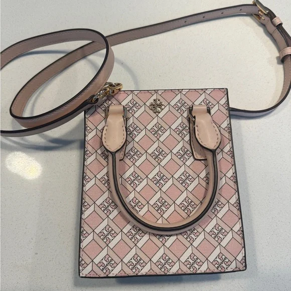 Pink Patterned Mini Tote Crossbody Bag - Designer Logo Accent - Picture 1 of 8